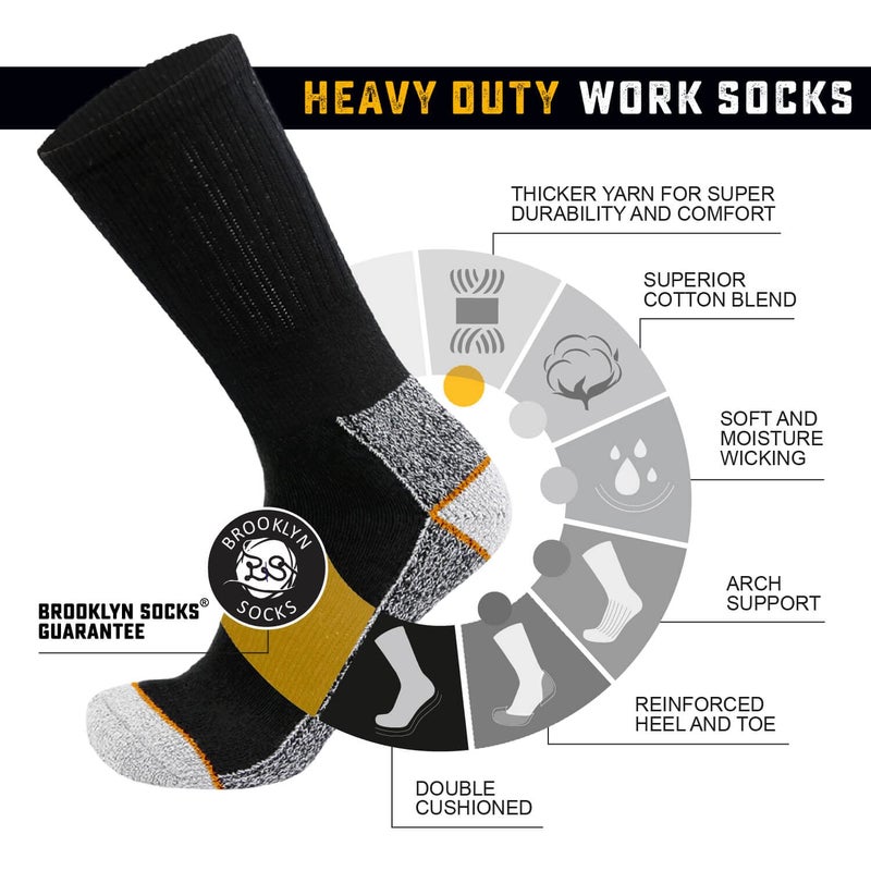 Brooklyn Socks 6 Pairs Mens Heavy Duty Steel Toe Work Crew Socks (Black, US Shoe Size 10.5-12) - Image 2